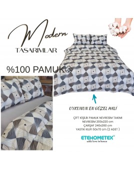 ETEHOMETEX %100 Pamuk Nevresim Takımı ÇİFT KİŞİLİK GEOMETRİK MAVİ 8696474232113